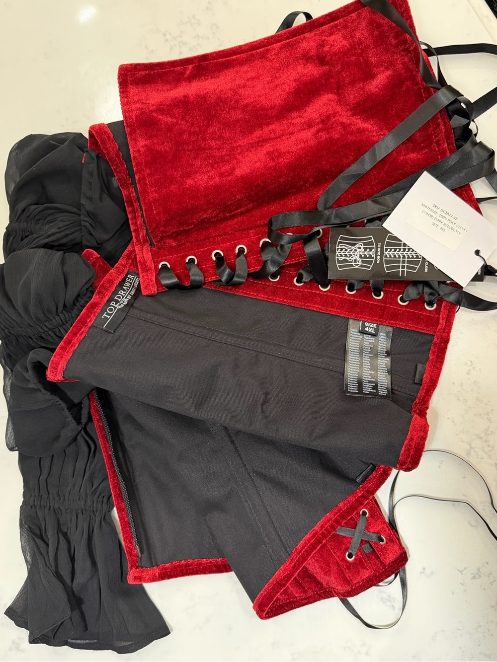 Red Velvet Lace-Up Corset with Black Lacing and black sleeves - Women’s Accessor - Picture 11 of 16
